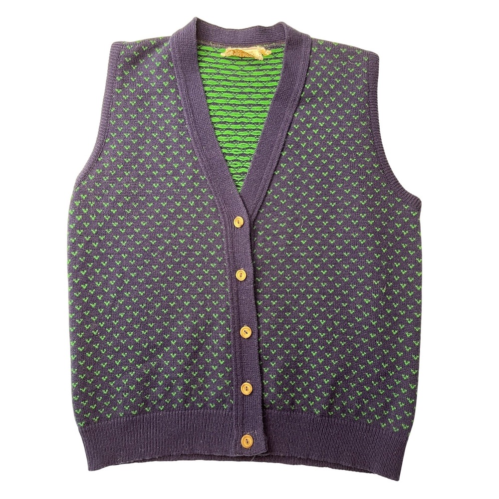Kate Collins Sweater Button Up‎ Vest  Vintage 70's Patterned Blue W/Green USA L